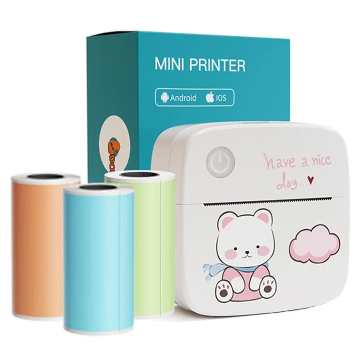 LX-D2 Thermal Inkless Mini Printer with English Labels+3 Rolls Colored Sticker Paper - Pink 